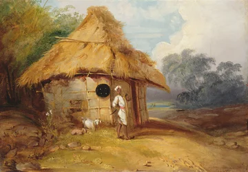 Utsikt i Sør-India, med en kriger utenfor hytta hans, ca. 1815