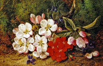 Blossom And Geraniums av Mossy Bank (olje på lerret)