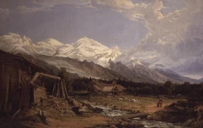 Alpelandskap med figurer ved en fjellbekk