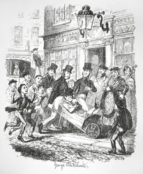 En lommetyv i varetekt, ca. 1835 (gravering)