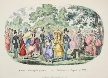 En scene i Kensington Gardens - eller - Fashions and Frights of 1829, pub. 1829 (håndfarget gravering)