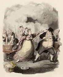 På hospitset blir Monsieur Bumble alvorlig frastøtt av sin kone, Madame Corney - Mr Bumble fornedret i øynene til de fattigste - Illustrasjon for "Oliver Twist" (Olivier) (The Adventures of Oliver Twist) av Charles Dickens (1812-1870) , av George Cruikshan