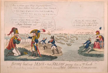 Boney Beating Mack - And Nelson Giving Him a Whack!, 1805 (farget etsning)