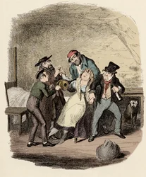 Fagin, Charley Bates, Kikes og Dawkins gjenoppliver Nancy - Mr Fagin og hans elev gjenoppliver Nancy - Illustrasjon for "" Oliver Twist"" (Oliver) (The Adventures of Oliver Twist) av Charles Dickens (1812-1870), av George Cruikshank ( 1792-1878).