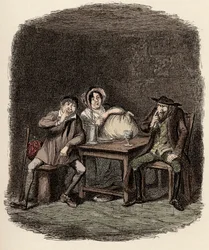 Fagin gjør forretninger med Morris Bolter, aka Noe Claypole, og Charlotte - Jøden og Morris Bolter begynner å forstå hverandre - Illustrasjon for "" Oliver Twist"" (Olivier) (The Adventures of Oliver Twist) av Charles Dickens (1812-1870) ), av George