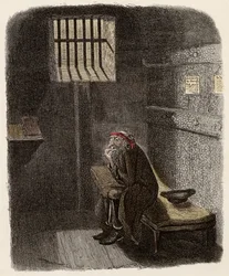 Fagin i sin dødsdomscelle - Fagin i den fordømte cellen - Illustrasjon for "" Oliver Twist"" (Olivier) (The Adventures of Oliver Twist) av Charles Dickens (1812-1870), av George Cruikshank (1792-1878).