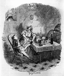 Illustrasjon for "" Oliver Twist"" (Olivier) av Charles Dickens (1812-1870), av George Cruikshank (1792-1878).