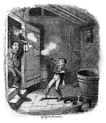 Illustrasjon for "" Oliver Twist"" (Olivier) av Charles Dickens (1812-1870), av George Cruikshank (1792-1878).