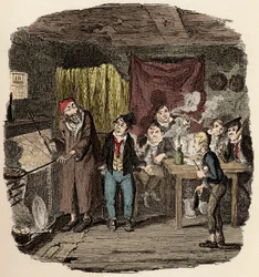 I London, Jack Dawkins kalt reven presenterer Oliver til Fagin og teamet hans av malfrater - Oliver introdusert for den respektable gamle gentlemannen - Illustrasjon for "Oliver Twist" (Olivier) (The Adventures of Oliver Twist) av Charles Dickens (1812-187