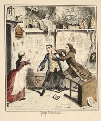 Jack Sheppard viser en vindictive Character, illustrasjon fra Jack Sheppard: A Romance av William Harrison Ainsworth, utgitt 1839 (håndfarget etsning)