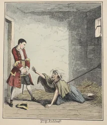 Jack Sheppard besøker sin mor i Bedlam, illustrasjon fra Jack Sheppard: A Romance av William Harrison Ainsworth, utgitt 1839 (håndfarget etsning)