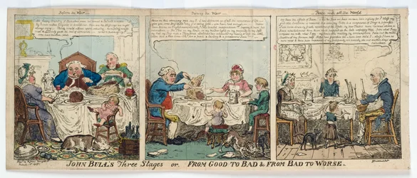 John Bulls tre stadier, eller, From Good to Bad und From Bad to Worse, 1815 (håndfarget gravering)