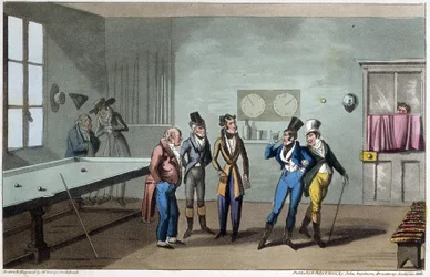 Mennene i biljardrommet - i "" Life in Paris"" av David Carey, ill. av G. Cruikshank, London