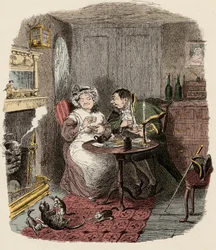Monsieur Bumble og Madame Corney tar - Mr Bumble og Mrs Corney drikker te - Illustrasjon for "" Oliver Twist"" (Olivier) (The Adventures of Oliver Twist) av Charles Dickens (1812-1870), av George Cruikshank (1792-1878) ).