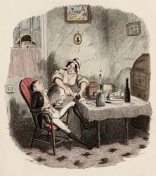 Monsieur Bumble observerer Noe Claypole og Charlotte - Mr Claypole som han dukket opp da mesteren hans var ute - Illustrasjon for "" Oliver Twist"" (Olivier) (The Adventures of Oliver Twist) av Charles Dickens (1812-1870), av George Cruikshank ( 1792-1878)