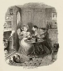 Mr Bumble og fru Corney tar te, fra "The Adventures of Oliver Twist" av Charles Dickens (1812-70) 1838, utgitt av Chapman und Hall, 1901