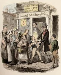 Nancy og Sikes kidnapper Oliver i gatene - Oliver hevdet av hans kjærlige venner - Illustrasjon for "" Oliver Twist"" (Olivier) (The Adventures of Oliver Twist) av Charles Dickens (1812-1870), av George Cruikshank (1792-1878) ).