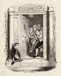 Oliver Twist ved Mrs Maylies dør, fra "The Adventures of Oliver Twist" av Charles Dickens (1812-70) 1838, utgitt av Chapman und Hall, 1901