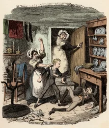 Oliver plukker opp en ånd - Illustrasjon for ""Oliver Twist"" (Olivier) (The Adventures of Oliver Twist) av Charles Dickens (1812-1870), av George Cruikshank (1792-1878)