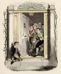 Oliver sår og eksos ber om hjelp - Oliver Twist ved Mrs Maylies dør - Illustrasjon for "" Oliver Twist"" (Olivier) (The Adventures of Oliver Twist) av Charles Dickens (1812-1870), av George Cruikshank (1792-1878) .
