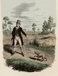 Sikes prøver å forlate hunden sin - Illustrasjon for "The Adventures of Oliver Twist" av Charles Dickens (1812-1870), av George Cruikshank (1792-1878).
