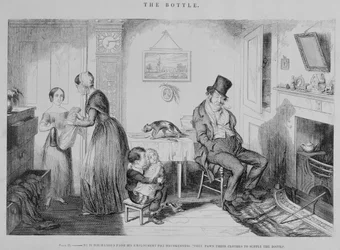 The Bottle, Plate II, Han blir utskrevet fra jobben for drukkenskap: de panter klærne sine for å levere flasken, 1847