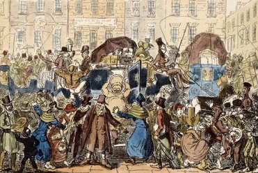 Reiser i England, eller et pip fra den hvite hestekjelleren, 1819 (håndfarget etsning)