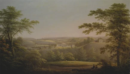 Easby Hall og Easby Abbey med Richmond, Yorkshire i bakgrunnen