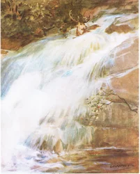 Han kastet hodet høyt i luften i en siste trass, stupte ned i fossen (farge litho)