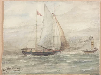 Seilbåt (kroppsfarge, kull og akvarell om bord)