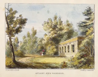 Aviary, Kew Gardens, plate 10 fra Kew Gardens: A Series of Twenty-Four Drawings on Stone, gravert av Charles Hullmandel (1789-1850) utgitt 1820 (håndfarget lito)