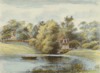 Chinese Temple and Temple of Eolus, Kew Gardens, plate 16 fra Kew Gardens: A Series of Twenty-Four Drawings on Stone, gravert av Charles Hullmandel (1789-1850) utgitt 1820 (håndfarget lito)
