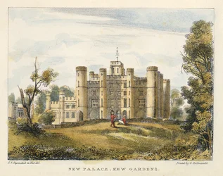 New Palace, Kew Gardens, plate 1 fra Kew Gardens: A Series of Twenty-Four Drawings on Stone, gravert av Charles Hullmandel (1789-1850) utgitt 1820 (håndkolorert litho)