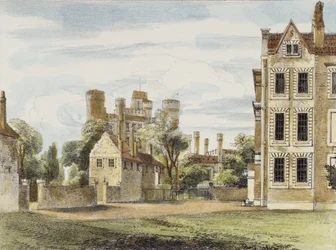 New Palace, from the Queens Garden, plate 4 fra Kew Gardens: A Series of Twenty-Four Drawings on Stone, gravert av Charles Hullmandel (1789-1850) utgitt 1820 (håndfarget lito)