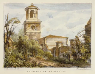 Palace Clock, Kew Gardens, plate 7 fra Kew Gardens: A Series of Twenty-Four Drawings on Stone, gravert av Charles Hullmandel (1789-1850) utgitt 1820 (håndkolorert litho)