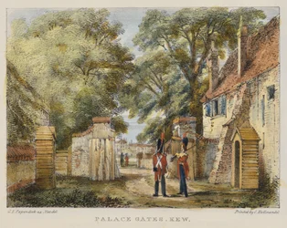 Palace Gates, Kew, plate 3 fra Kew Gardens: A Series of Twenty-Four Drawings on Stone, gravert av Charles Hullmandel (1789-1850) utgitt 1820 (håndkolorert litho)