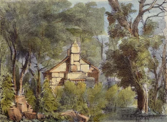 Stone House, Richmond Gardens, plate 23 fra Kew Gardens: A Series of Twenty-Four Drawings on Stone, gravert av Charles Hullmandel (1789-1850) utgitt 1820 (håndfarget lito)