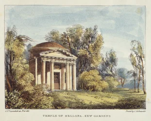 Temple of Bellona, Kew Gardens, plate 24 fra Kew Gardens: A Series of Twenty-Four Drawings on Stone, gravert av Charles Hullmandel (1789-1850) utgitt 1820 (håndfarget lito)