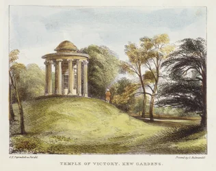 Temple of the Sun, Arboretum, Kew Gardens, plate 20 fra Kew Gardens: A Series of Twenty-Four Drawings on Stone, gravert av Charles Hullmandel (1789-1850) utgitt 1820 (håndkolorert lito)