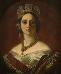Portrett av dronning Victoria, da en ung dame (1819-1901), ca. 1843-1901 (olje på lerret)