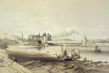 Conway Bridge, Construction of Second Tube, september 1848, gravert av kunstneren