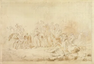 Banditti fra Kurdistan hjelper georgiere med å overraske og bortføre sirkassiske kvinner ca. 1827-28 (penn og brunt blekk på vevd papir)