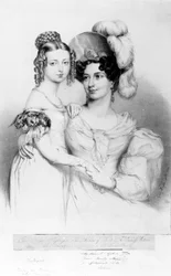 Dronning Victoria og hennes mor prinsesse Victoria, hertuginne av Kent og Strathearn, gravert av Richard James Lane, 1834