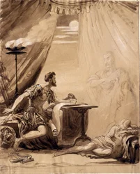 Scene fra Shakespeares «Julius Cæsar»: Cæsars spøkelse viser seg for Brutus, ca. 1871 (vasket på papir)