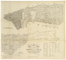 Dette kartet over City of New York og Island of Manhattan som lagt ut av kommissærene utnevnt av lovgiveren. . ., 1853 (svart blekk på papir)