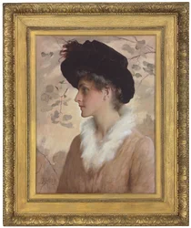 Portrett av en dame, halvfigur, med svart hatt og pelsstola, 1888