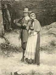 Puritansk par på vei til søndagsgudstjeneste, gravert av Thomas Gold Appleton, 1885
