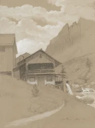Hus i Alpene, Cortina, 1883 (grafitt med hvit gouache på brunt vevd papir)