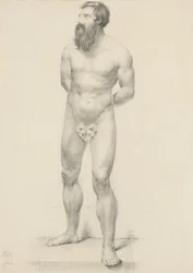 Uten tittel - Stående mannlig naken med fikenblad, 1844 (grafitt på brunfarget papir)