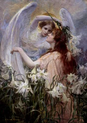 «Engelens budskap» Ung kvinne som hører en engels stemme i en liljehage. Maleri av George Hillyard Swinstead (1860–1926).